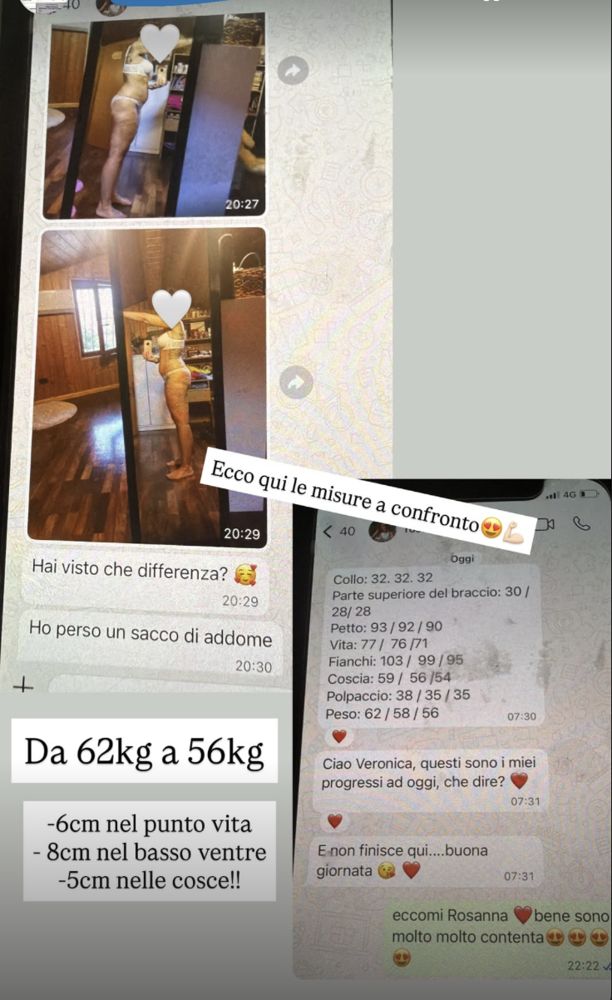 Testimonianza WhatsApp con misure a confronto e centimetri persi sul punto vita