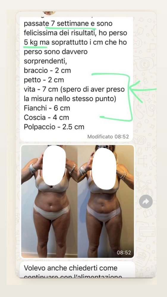 Testimonianza WhatsApp con foto e misure a confronto dopo 7 settimane