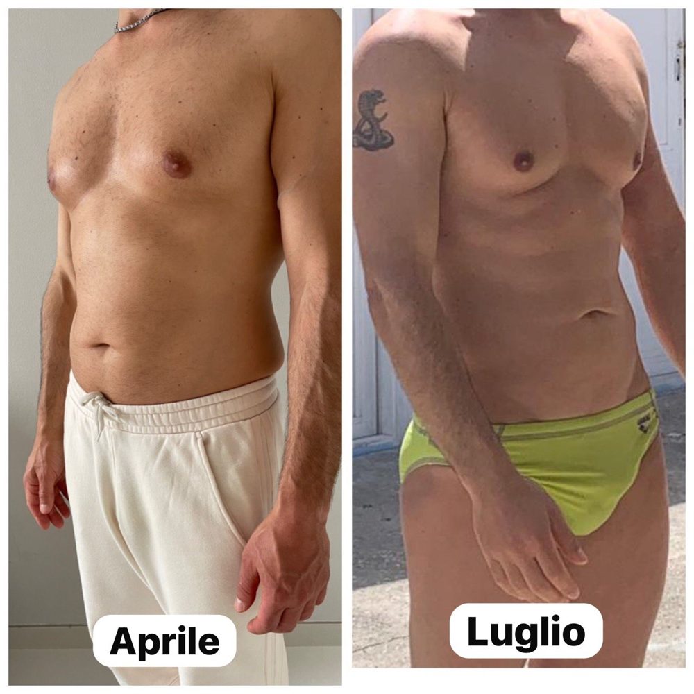 Foto prima e dopo di un cliente uomo, da aprile a luglio: pancia piatta e addome definito