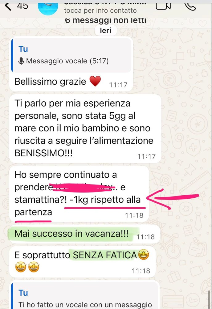 Screenshot WhatsApp di Jessica: 5 giorni al mare, meno 1 kg, mai successo in vacanza e senza fatica